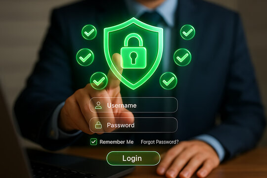 Hand touching a green glowing shield with a padlock and login form, representing cyber security, data protection, secure access, and online account login