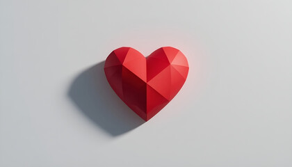 Red geometric origami heart on a minimal white background with copy space