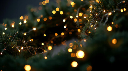 Warm Yellow Christmas Lights Twinkling on Pine Branches