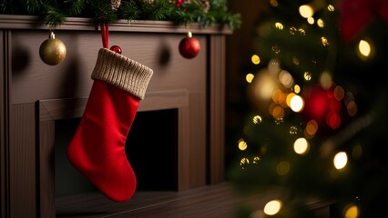 Red Santa Claus hat and sock hanging under christmas tree in the house, Christmas stockings