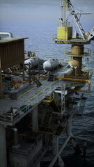 An old oil platform extracting resources in the vast expanse of the ocean.