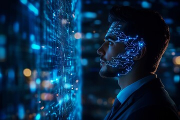A side profile of a business man gazes thoughtfully at a futuristic display showing advanced technology and AI. The scene captures a dark blue ambiance emphasizing innovation