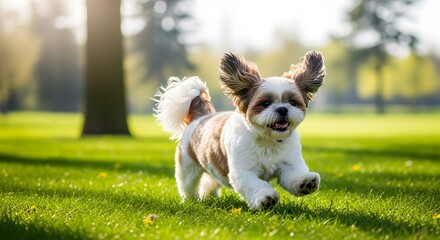 A joyful Shih Tzu puppy with big ears flying runs happily across a lush green lawn in a city park on a beautiful, sunlit day. Adorable companion animal playing outdoors.