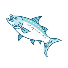 Obraz premium Cartoon light blue fish swimming upwards with mouth open and happy face