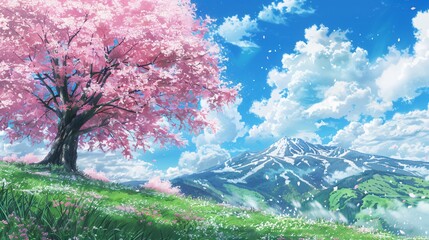 Cherry Blossom Tree in Bloom with Snow-Capped Mountain Under a Bright Blue Sky and Fluffy White Clouds