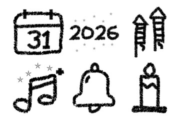 New Year hand drawn icon set white background. Festive collection for birthday, event, calendar, music