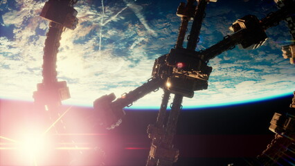 Highly detailed huge spaceship approaching to the Earth elements furnished by nasa