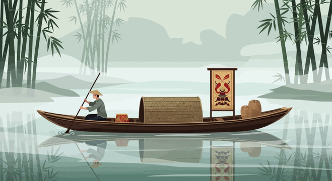 Serene journey: traditional boatman navigates misty river in the orient illustration