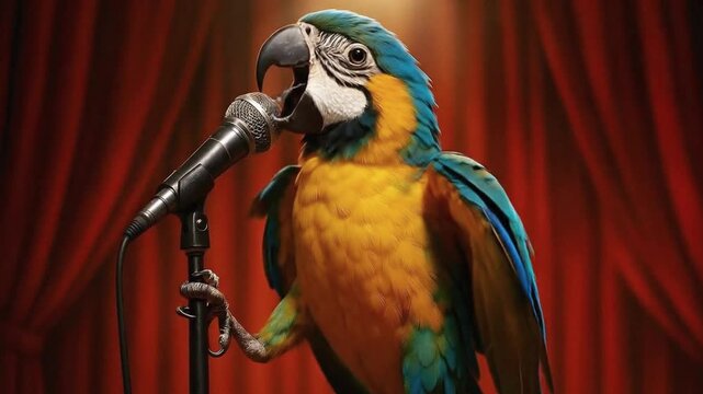 Parrot singing into a microphone on stage with red curtains in the background