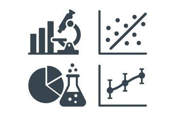 Set of four icons representing scientific research data analysis and laboratory experiments