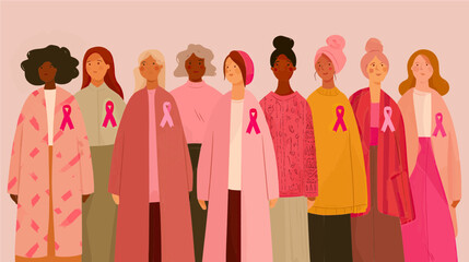 Empowering women united for breast cancer awareness in a vibrant vector design showcasing diversity