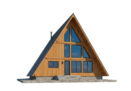 A-frame house isolated on transparent background, modern cabin with wooden facade and large windows for architecture and real estate