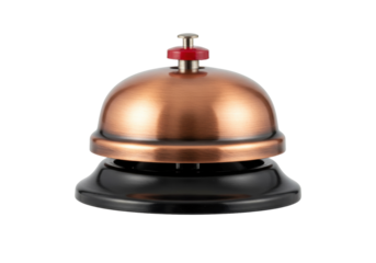 Copper-colored service bell isolated on transparent background, vintage call bell for hotel reception or customer service