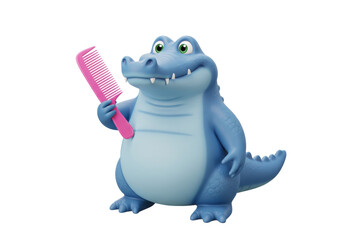 Blue cartoon alligator with pink comb isolated PNG, cute crocodile character for kids design and educational resources