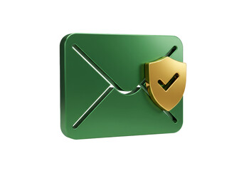Green email envelope with golden shield isolated on transparent background, secure communication and data protection concept