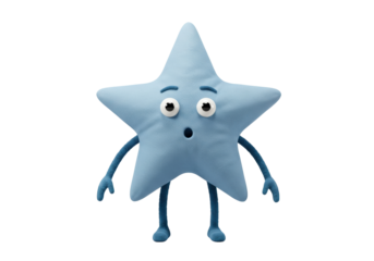Cute blue star character PNG isolated on transparent background, cartoon star with arms and legs for kids design