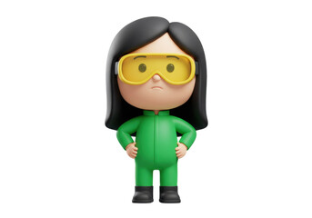 Cartoon woman in green jumpsuit isolated on transparent PNG, 3D character with yellow goggles and hands on hips