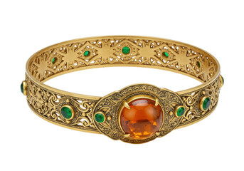 Ornate gold bangle with amber and emerald gemstones isolated, vintage jewelry for fashion accessory and elegant style