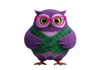Purple owl wearing pink glasses and green vest isolated PNG, cute cartoon character for kids design and educational materials