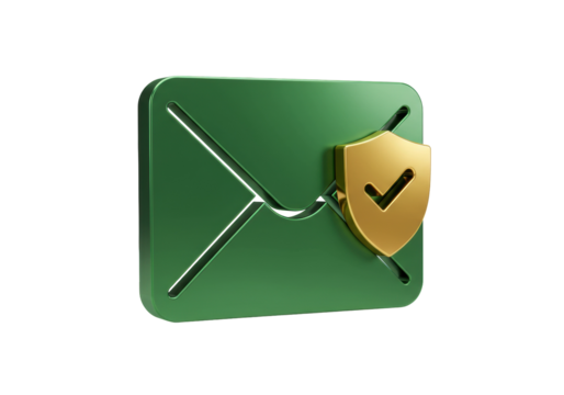 Green email envelope with golden shield isolated on transparent background, secure communication and data protection concept