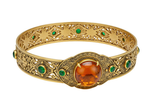 Ornate gold bangle with amber and emerald gemstones isolated, vintage jewelry for fashion accessory and elegant style