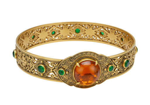 Ornate gold bangle with amber and emerald gemstones isolated, vintage jewelry for fashion accessory and elegant style