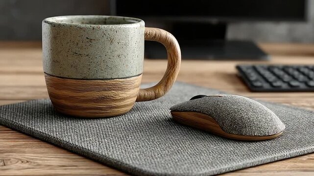 Wooden mug and mouse on desk