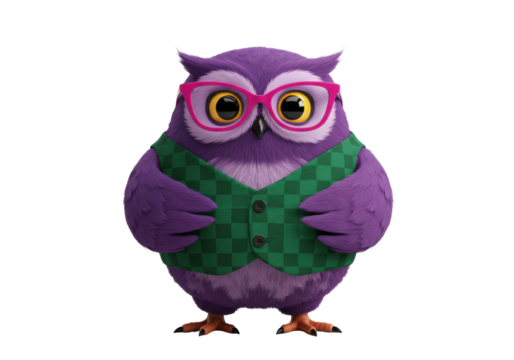 Purple owl wearing pink glasses and green vest isolated PNG, cute cartoon character for kids design and educational materials