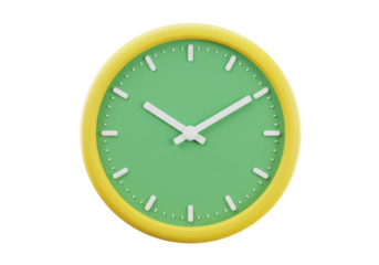 Yellow and green wall clock isolated on transparent background, time management and home decor concept in PNG format
