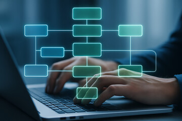 Business process diagram and flowchart planning on a laptop, depicting a structured sequence of operations and connection for efficiency, strategy, and project management