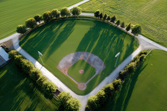A baseball field with a diamond shaped field and trees surrounding it