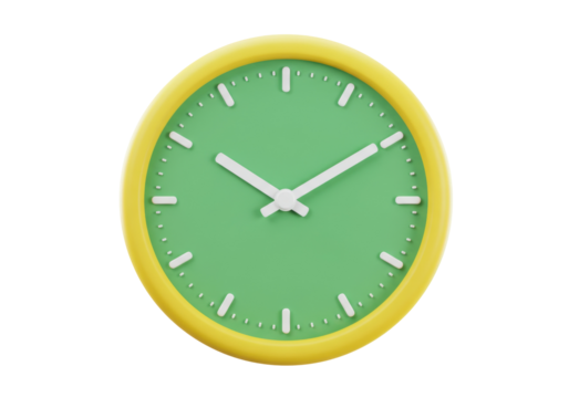 Yellow and green wall clock isolated on transparent background, time management and home decor concept in PNG format