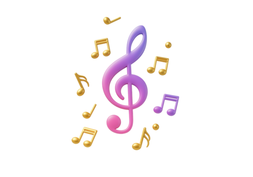 Colorful treble clef and music notes PNG isolated on transparent background, musical symbols for decoration and design