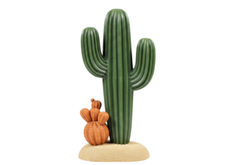 Green saguaro cactus and orange prickly pear isolated on sand, desert plant decoration for southwest theme PNG