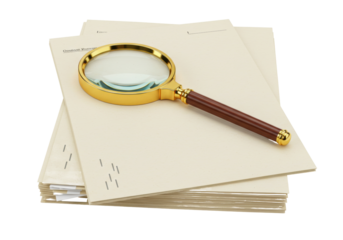 Magnifying glass on stack of papers isolated, investigation and research concept for business and education
