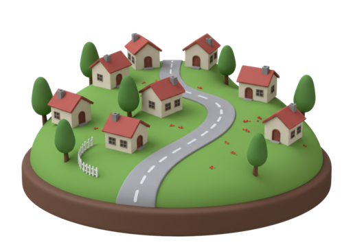 Cartoon village with houses and trees isolated on transparent background, 3D rendering of a small town for real estate and community concepts