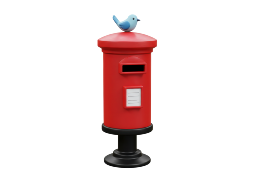 Red British Postbox with Blue Bird isolated PNG, traditional mailbox for letters and correspondence on transparent background