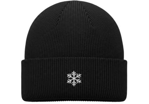 Black knit beanie hat with snowflake isolated on transparent background, winter headwear for cold weather fashion and apparel