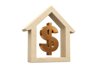 Golden dollar sign inside house frame isolated, real estate investment concept on transparent background