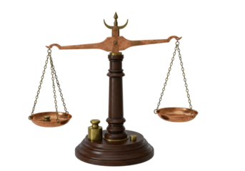 Antique balance scale isolated on transparent background, vintage brass weighing scales with weights for justice and measurement