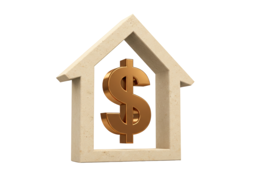 Golden dollar sign inside house frame isolated, real estate investment concept on transparent background