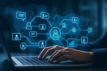 Global business network connection and social media communication on a laptop, showing worldwide data exchange, user profile icons, and professional collaboration concept