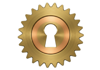 Golden gear with keyhole isolated on transparent background, steampunk element for graphic design and mechanical concepts