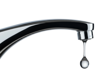 Chrome faucet with a single water drop isolated on transparent PNG, plumbing fixture for bathroom or kitchen design