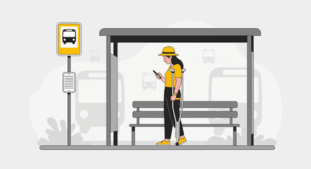 Illustration of a woman with crutches using a smartphone at a bus stop awaiting transportation