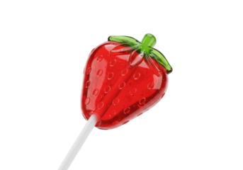Strawberry lollipop isolated on transparent background, red candy with green leaves and white stick for sweet treat and confectionery