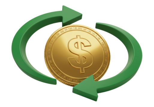Gold dollar coin with green arrows isolated, money exchange concept for finance and investment on transparent background