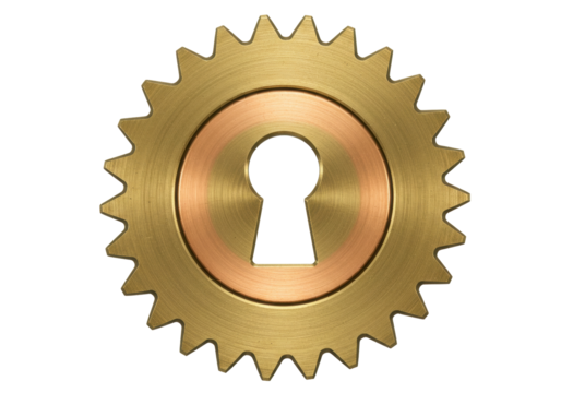 Golden gear with keyhole isolated on transparent background, steampunk element for graphic design and mechanical concepts
