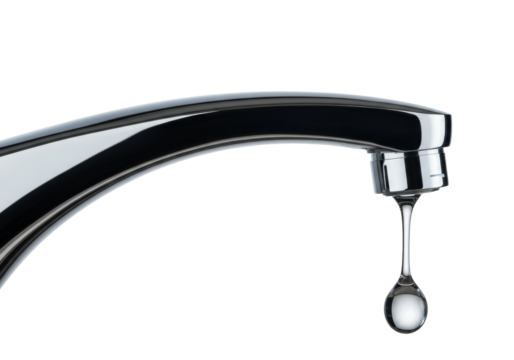 Chrome faucet with a single water drop isolated on transparent PNG, plumbing fixture for bathroom or kitchen design - Powered by Adobe