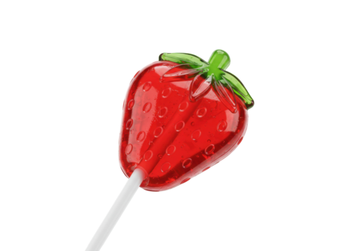 Strawberry lollipop isolated on transparent background, red candy with green leaves and white stick for sweet treat and confectionery